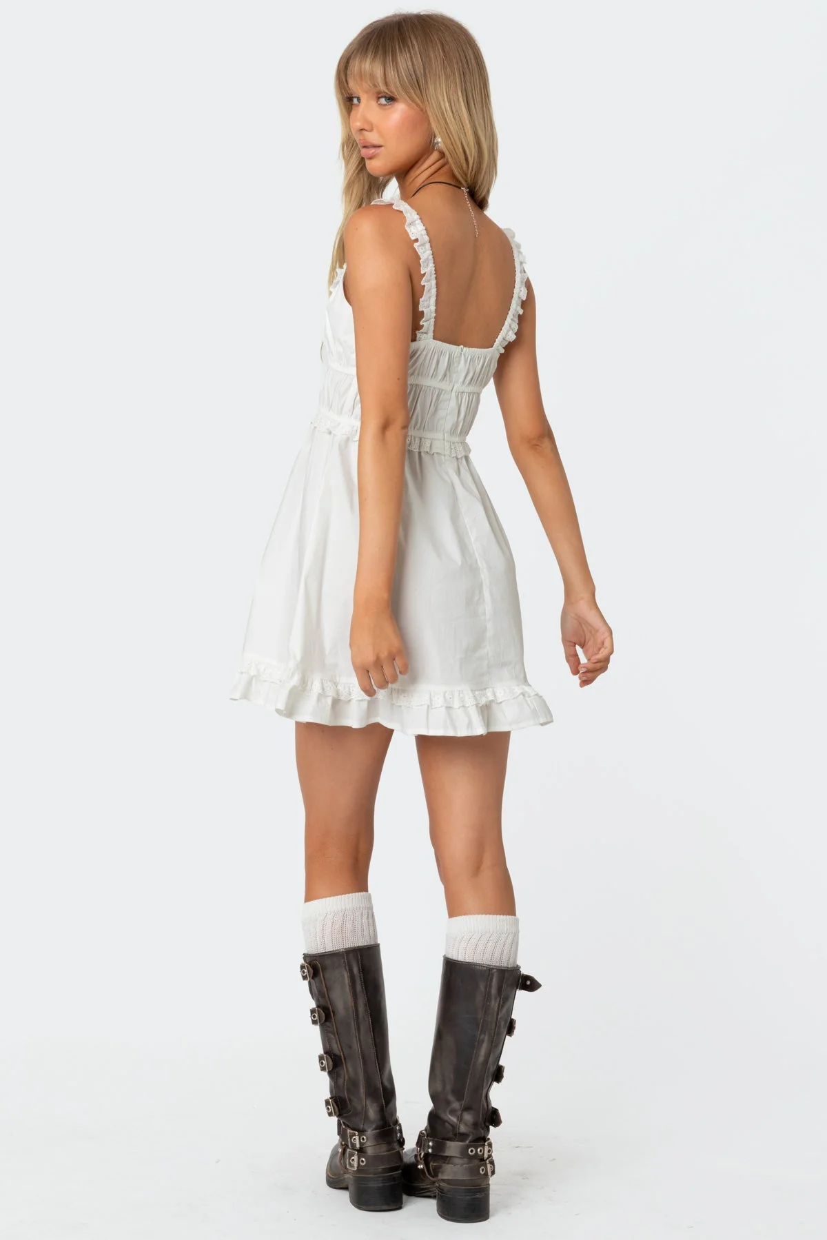 White Eyelet Frill Mini Dress