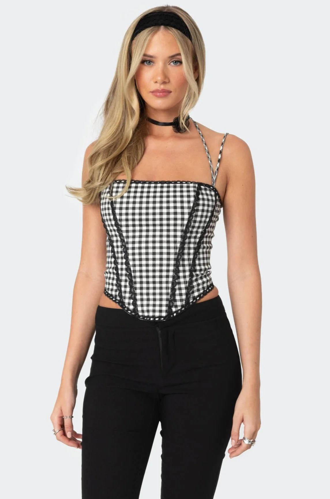 Gingham Lace Trim Halter Neck Corset