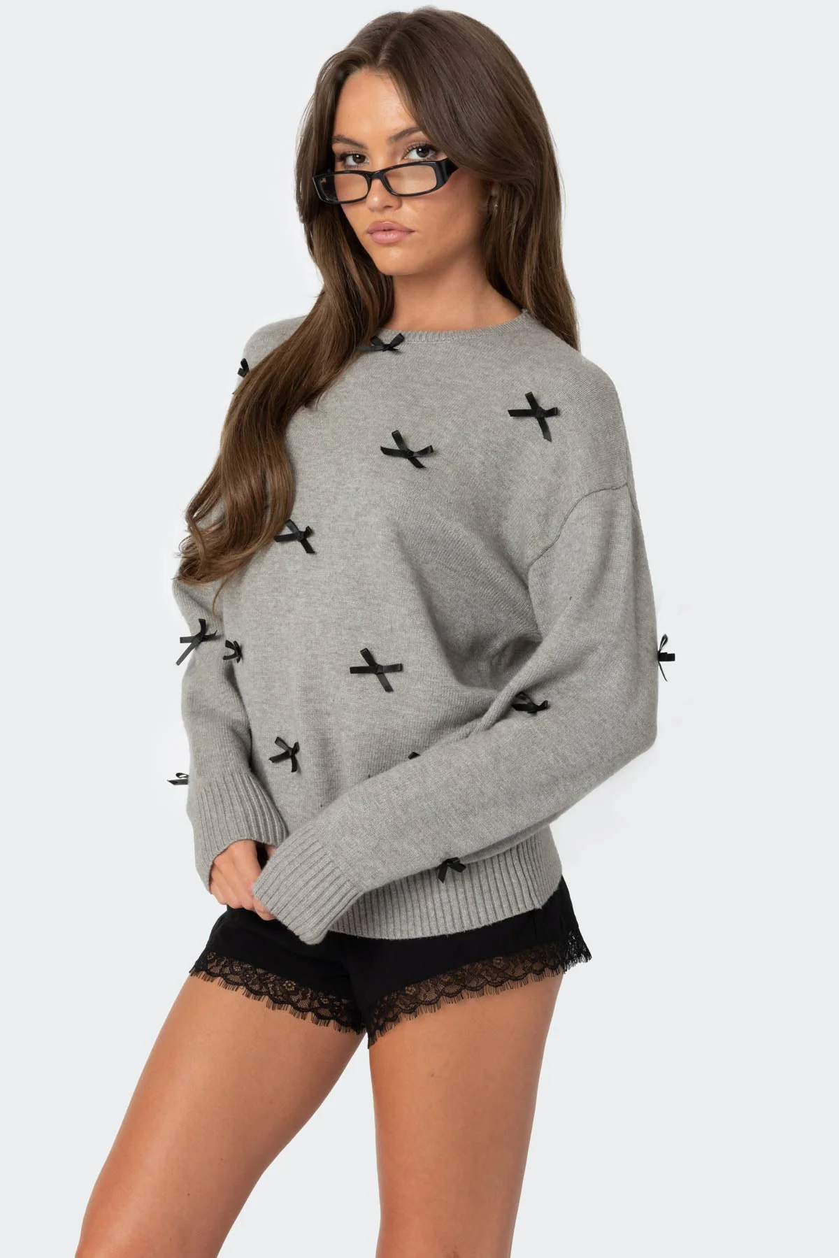 Oversized Knit Sweater with Satin Bow Detailing