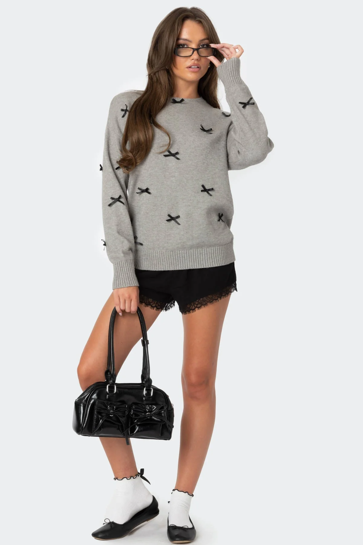 Oversized Knit Sweater with Satin Bow Detailing