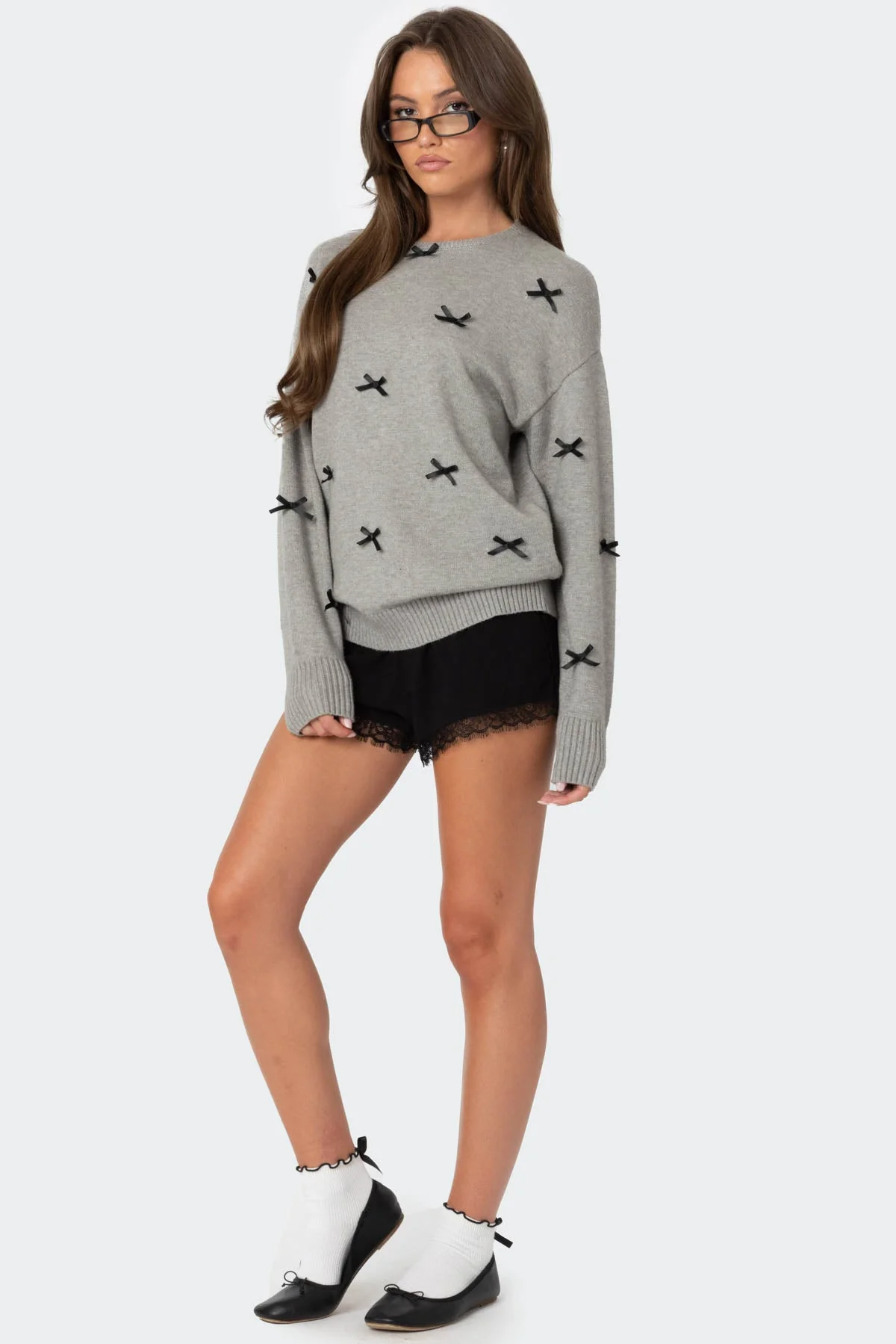 Oversized Knit Sweater with Satin Bow Detailing