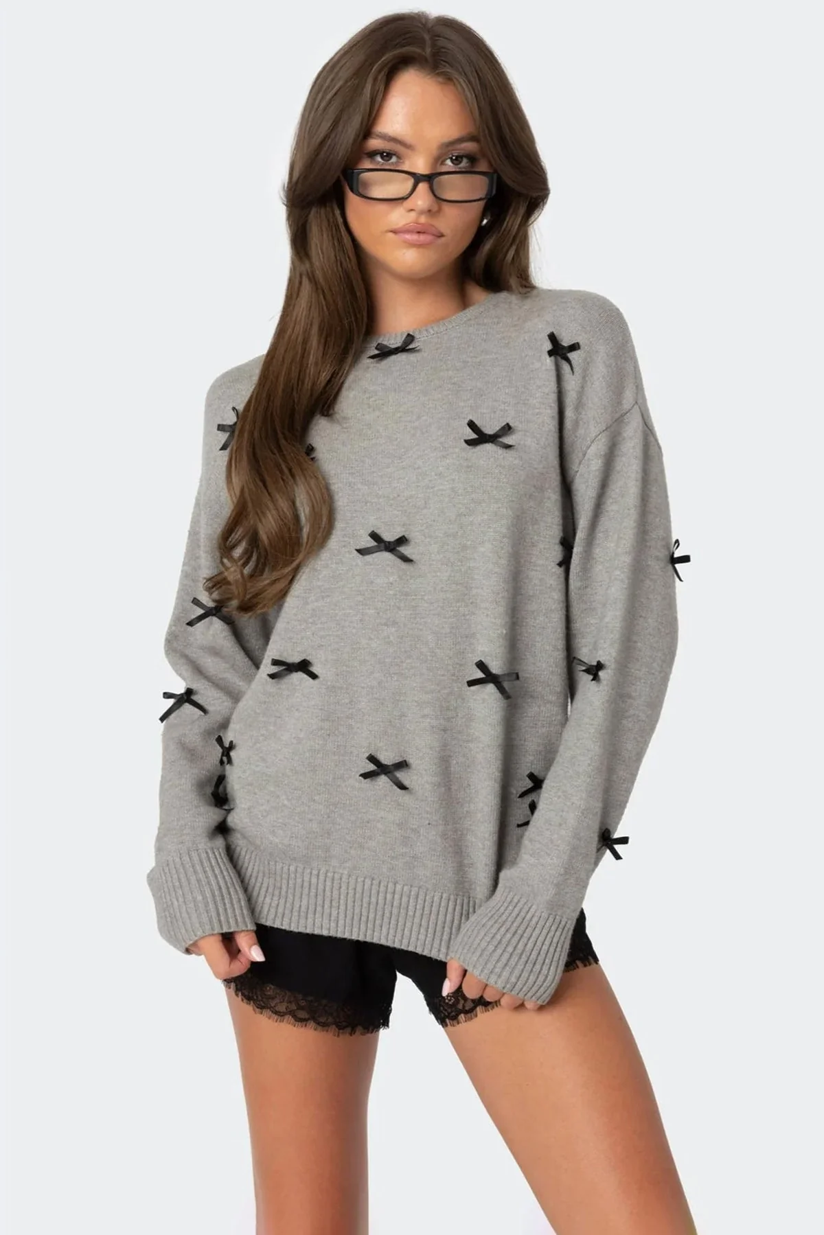 Oversized Knit Sweater with Satin Bow Detailing