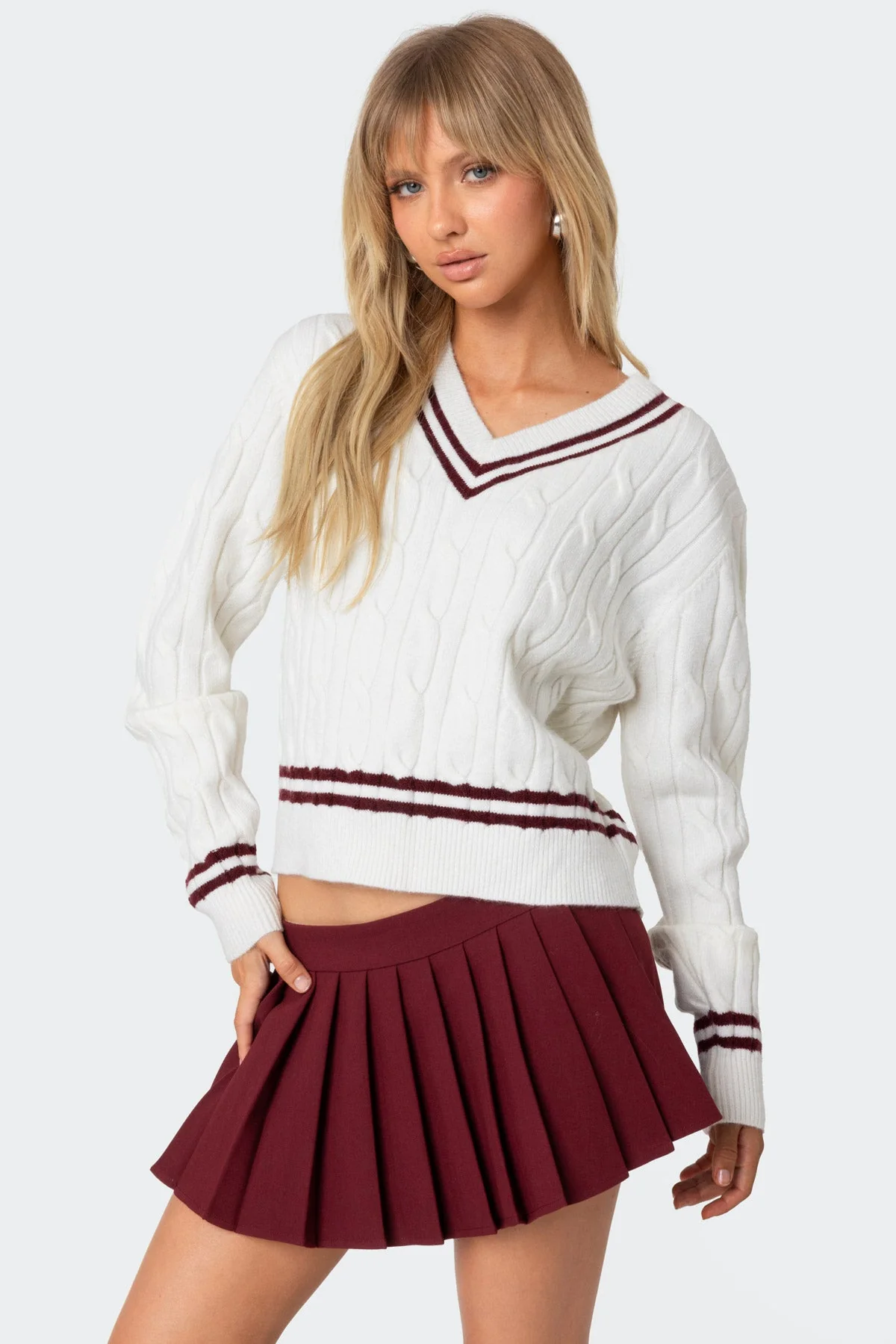 Cream Cable Knit V-Neck Sweater - Womens Acrylic Winter Basic Pullover