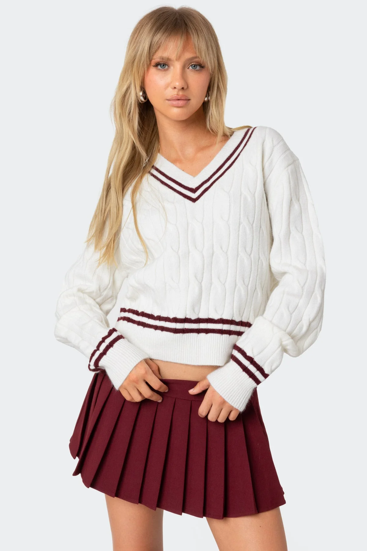 Cream Cable Knit V-Neck Sweater - Womens Acrylic Winter Basic Pullover