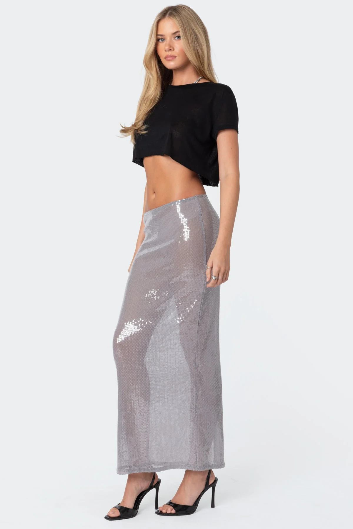 Sheer Sequin Maxi Skirt - Elegant Evening Wear XS- XL Grey