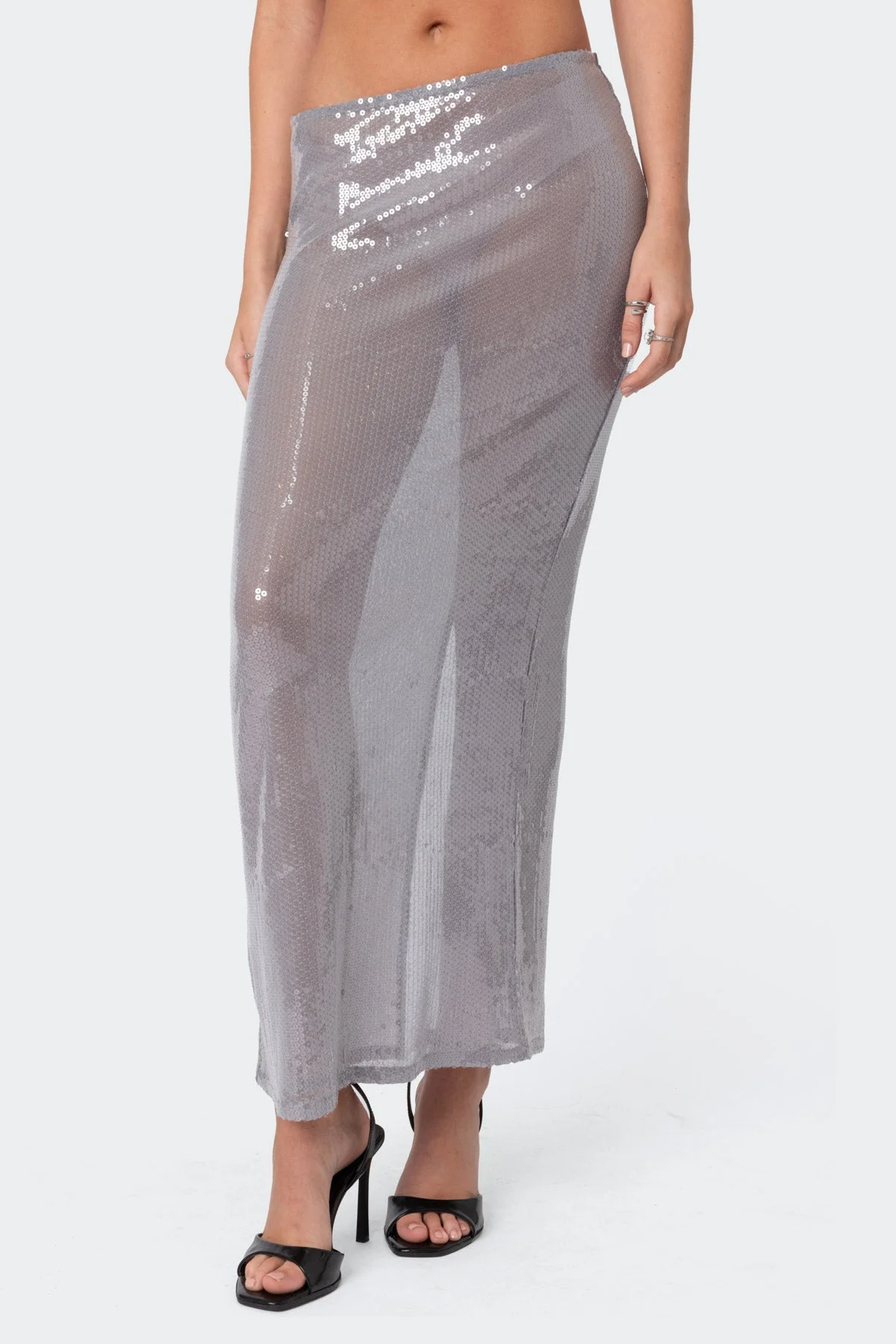 Sheer Sequin Maxi Skirt - Elegant Evening Wear XS- XL Grey