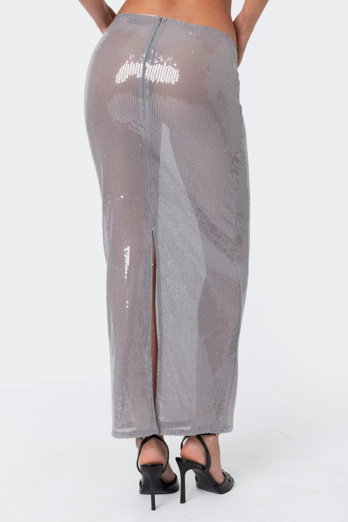 Sheer Sequin Maxi Skirt - Elegant Evening Wear XS- XL Grey