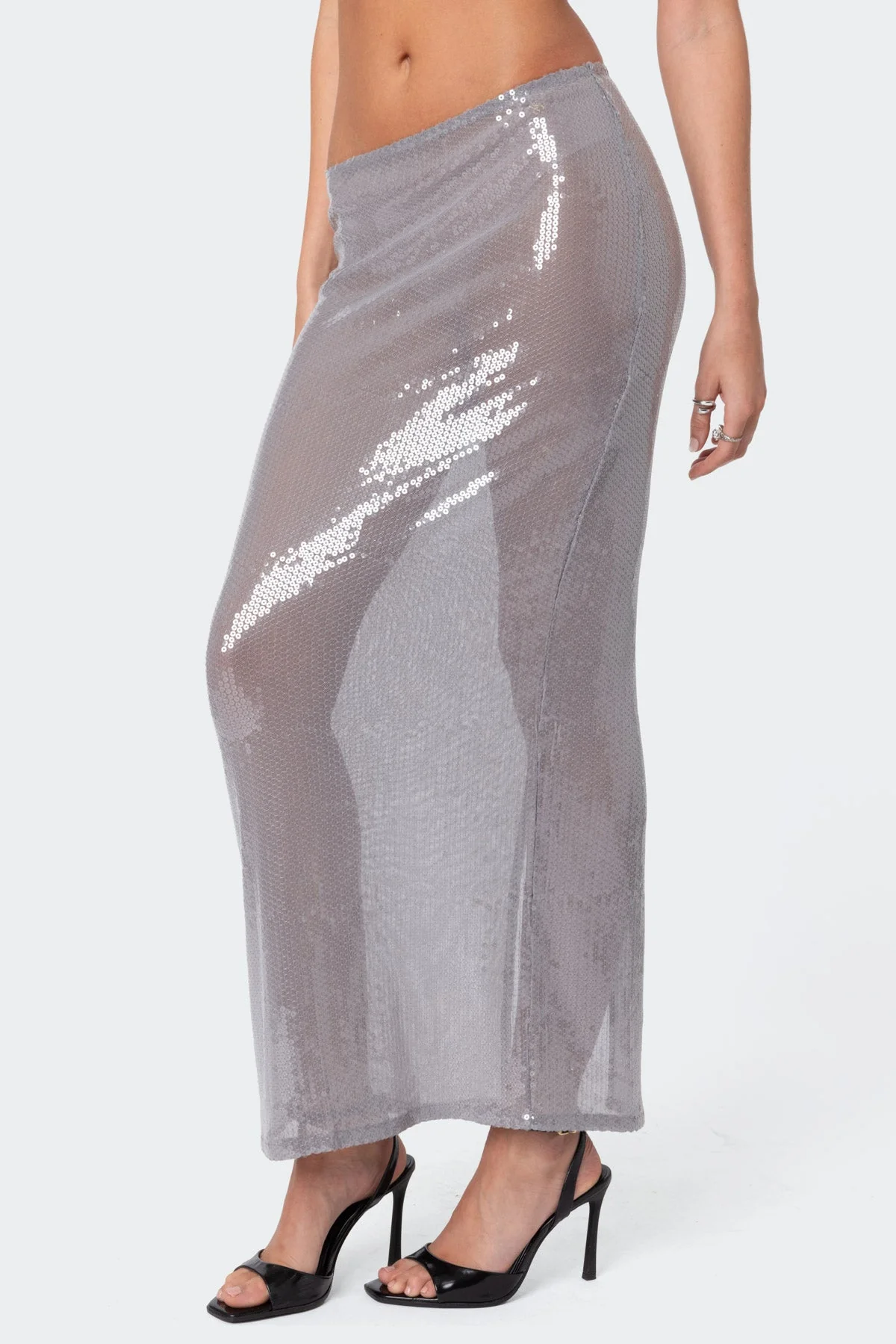 Sheer Sequin Maxi Skirt - Elegant Evening Wear XS- XL Grey