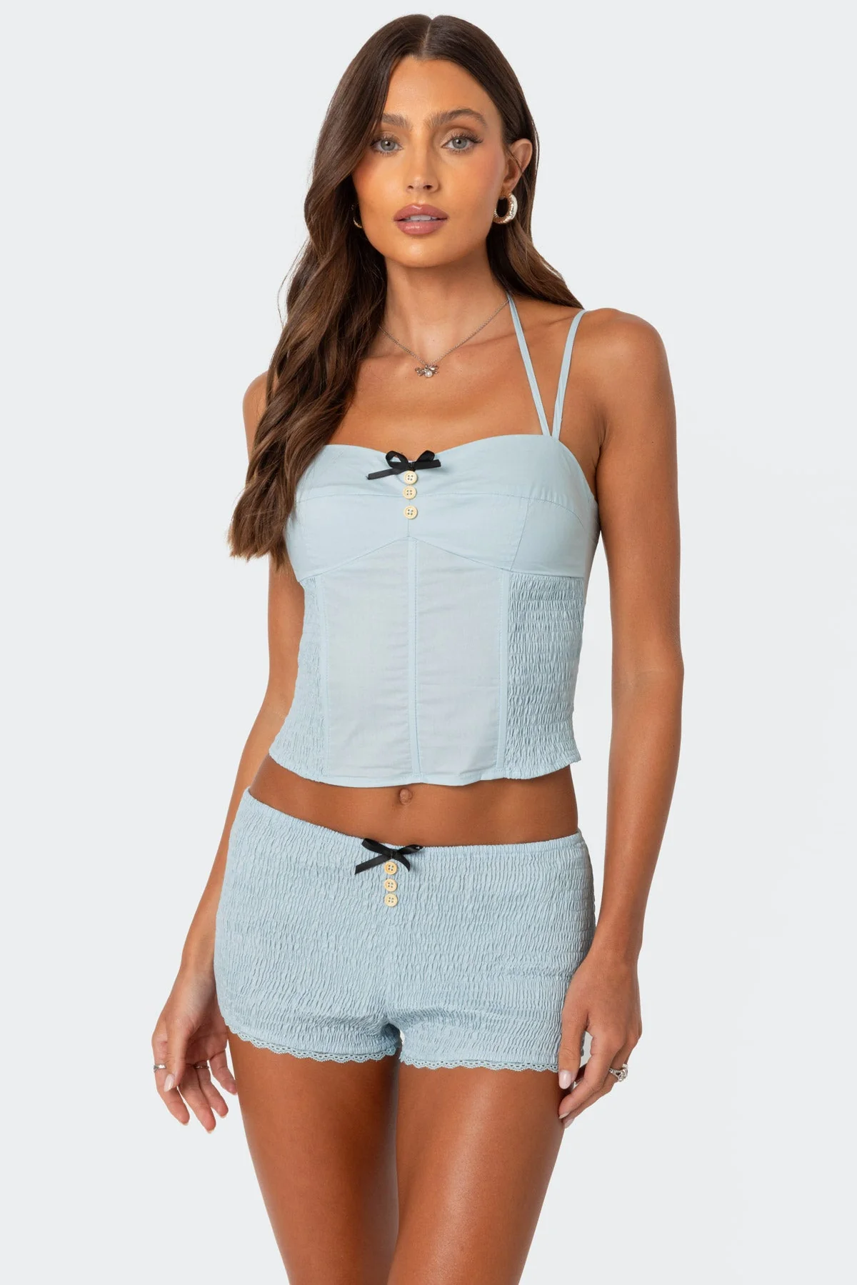 Blue Side Scrunched Corset Top - Adjustable Straps & Lace-up Back