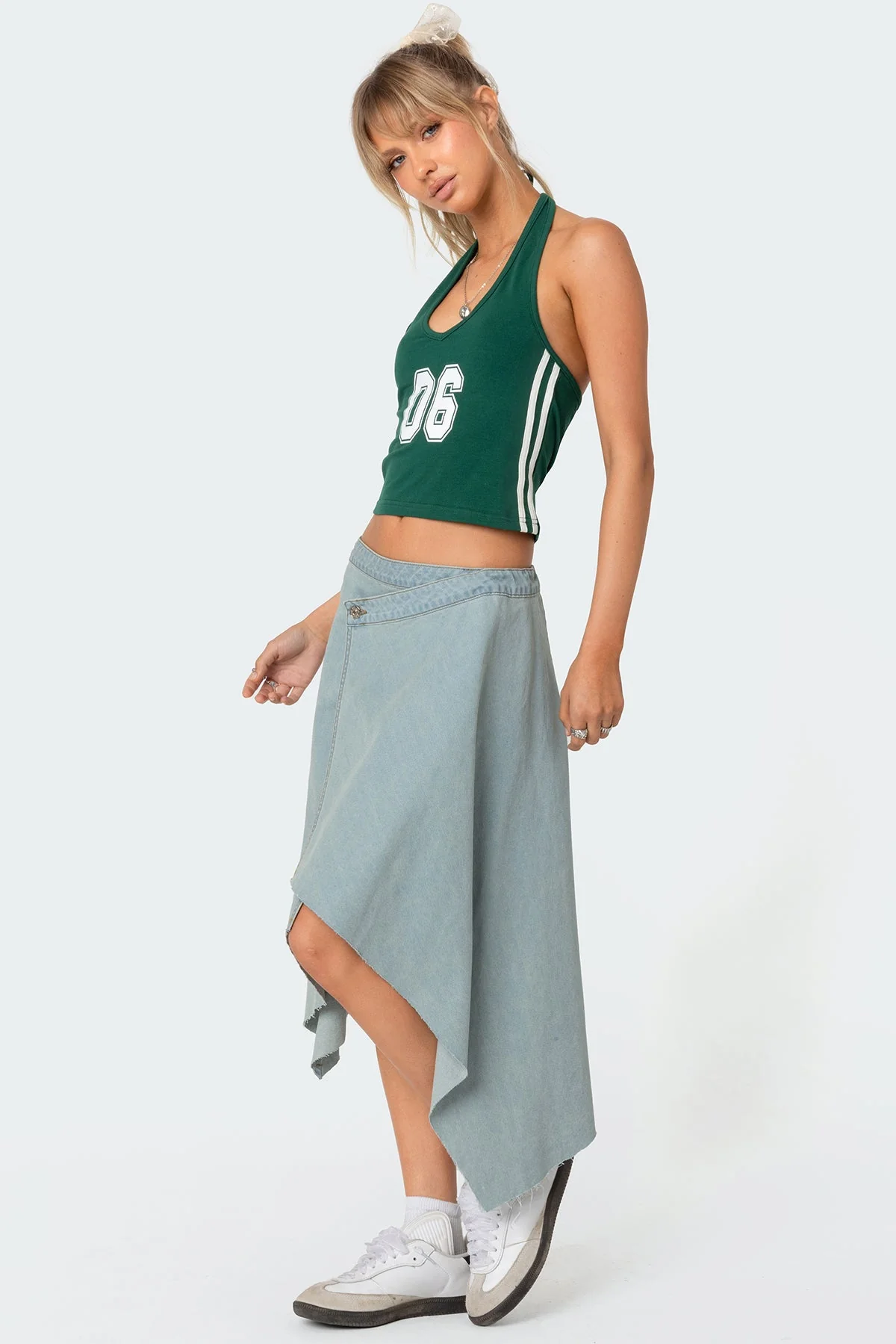 Green Halter Neckline Top with Side Stripe Detailing
