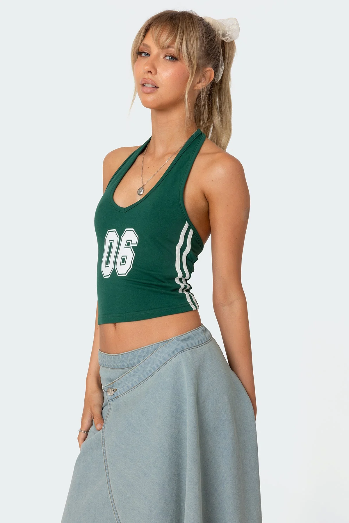 Green Halter Neckline Top with Side Stripe Detailing