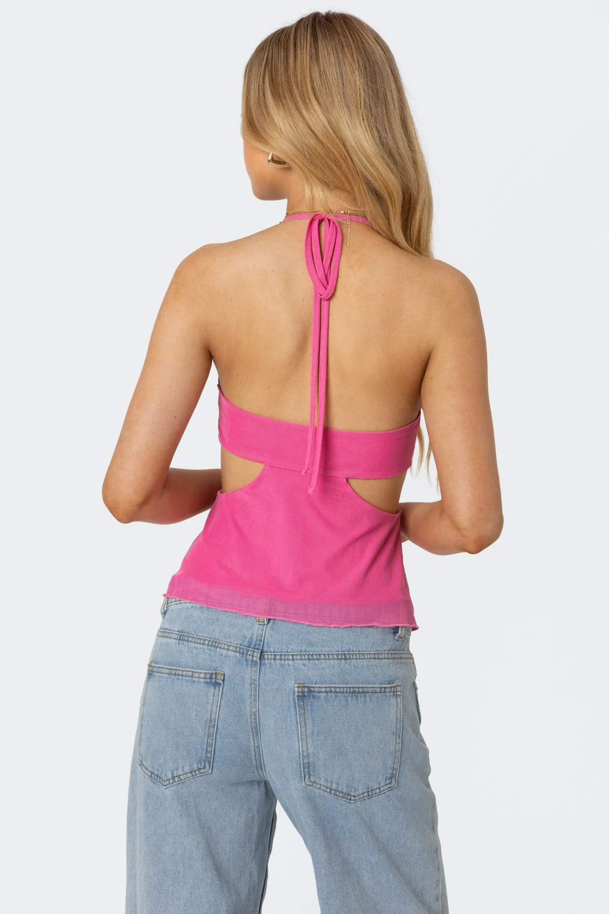 Pink Mesh Halter Top with Cutout Detail
