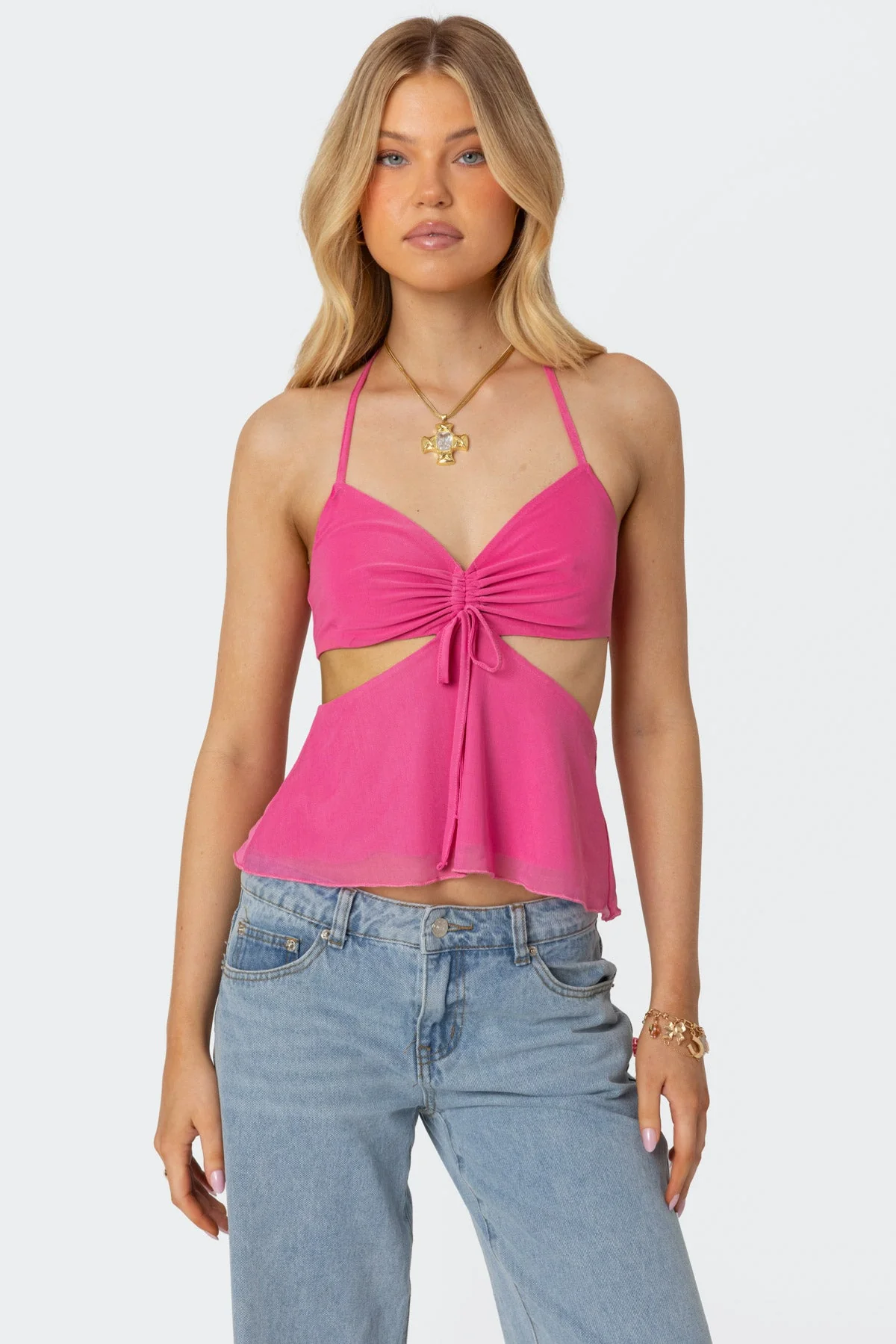 Pink Mesh Halter Top with Cutout Detail