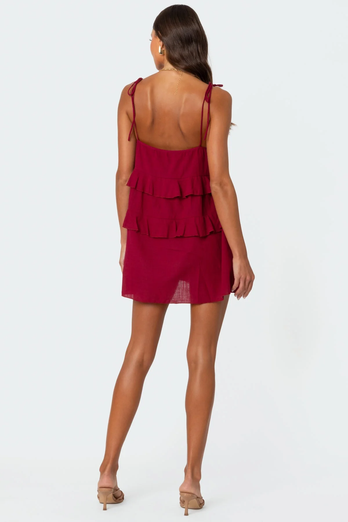 Burgundy Sheer Mini Dress with Ruffle Detailing