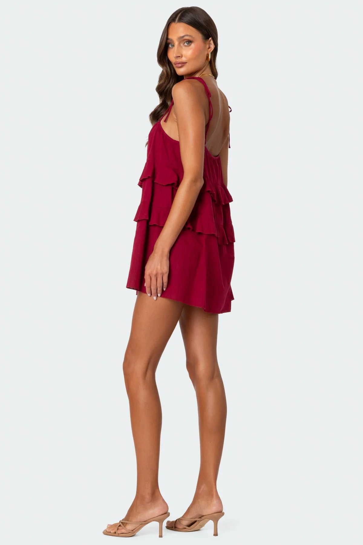 Burgundy Sheer Mini Dress with Ruffle Detailing