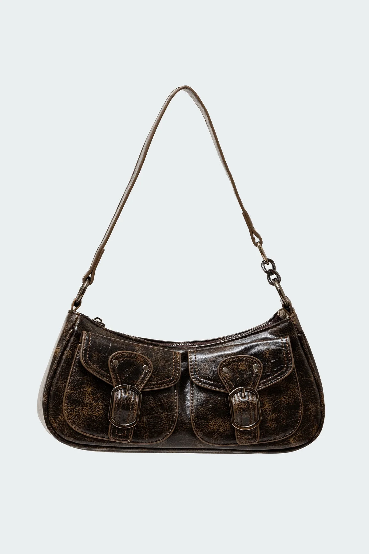 Brown Distressed Faux Leather Buckle Bag