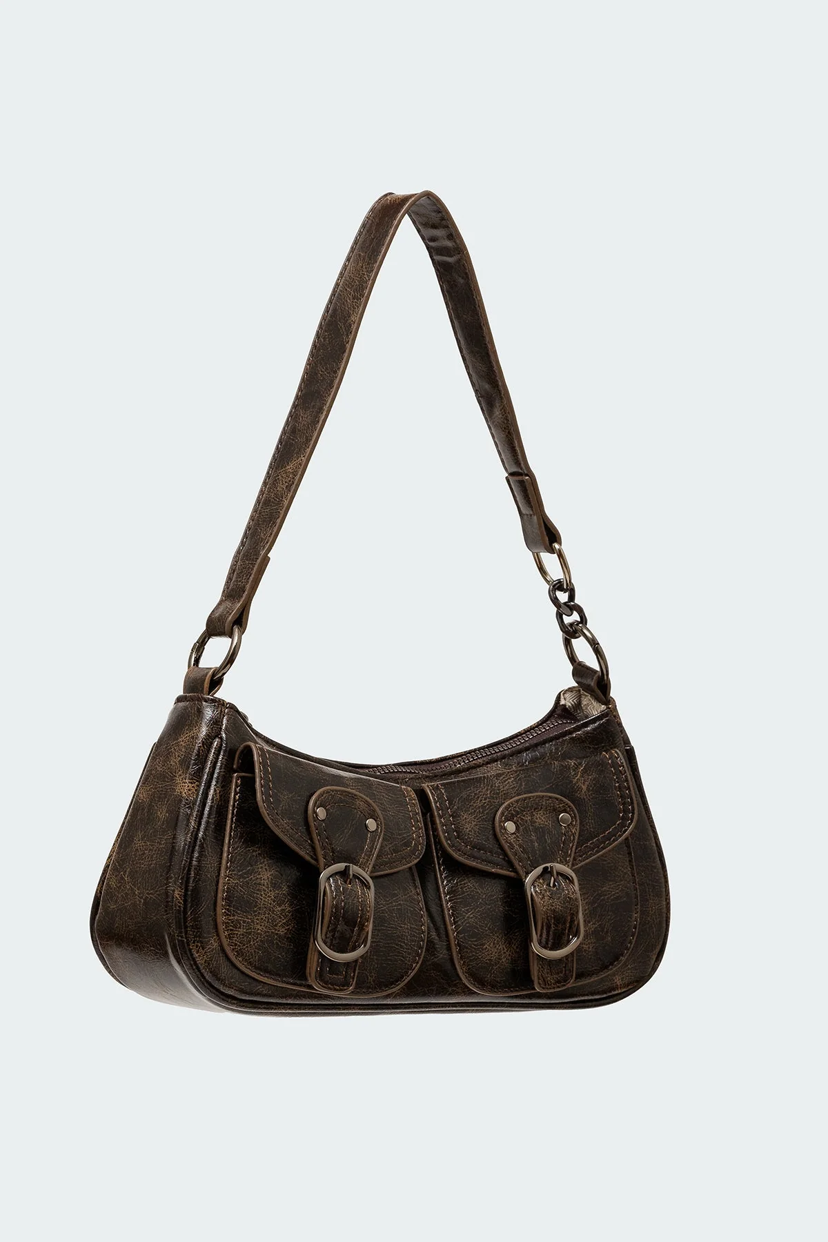 Brown Distressed Faux Leather Buckle Bag