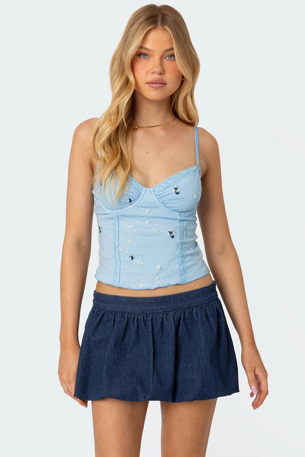 Adjustable Straps Lace Bra Top in Light Blue