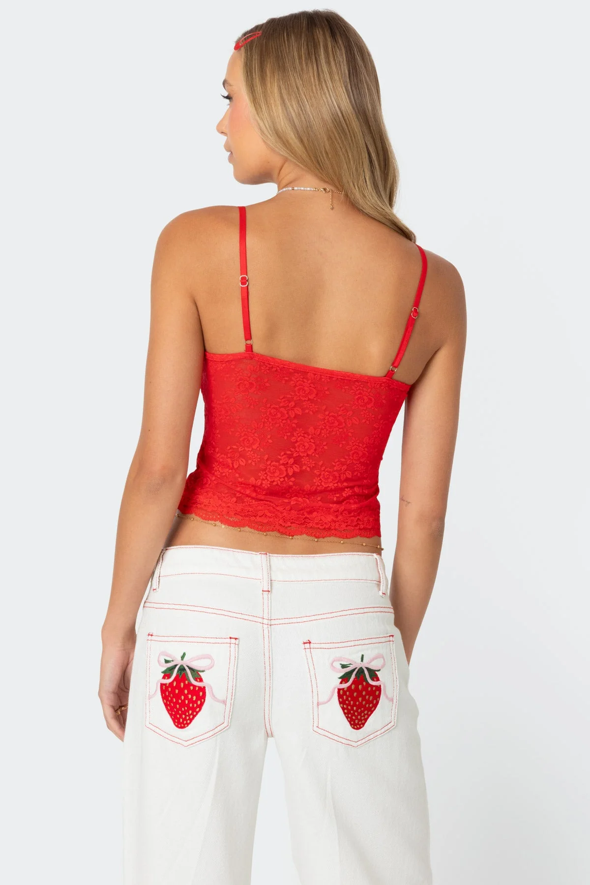 Red Sheer Lace Tank Top - Adjustable Straps & Front Tie Detail