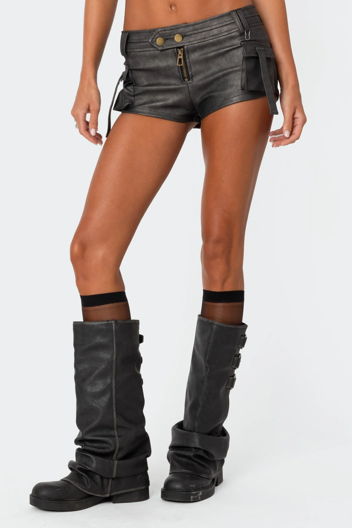 Black Washed Faux Leather Cargo Shorts