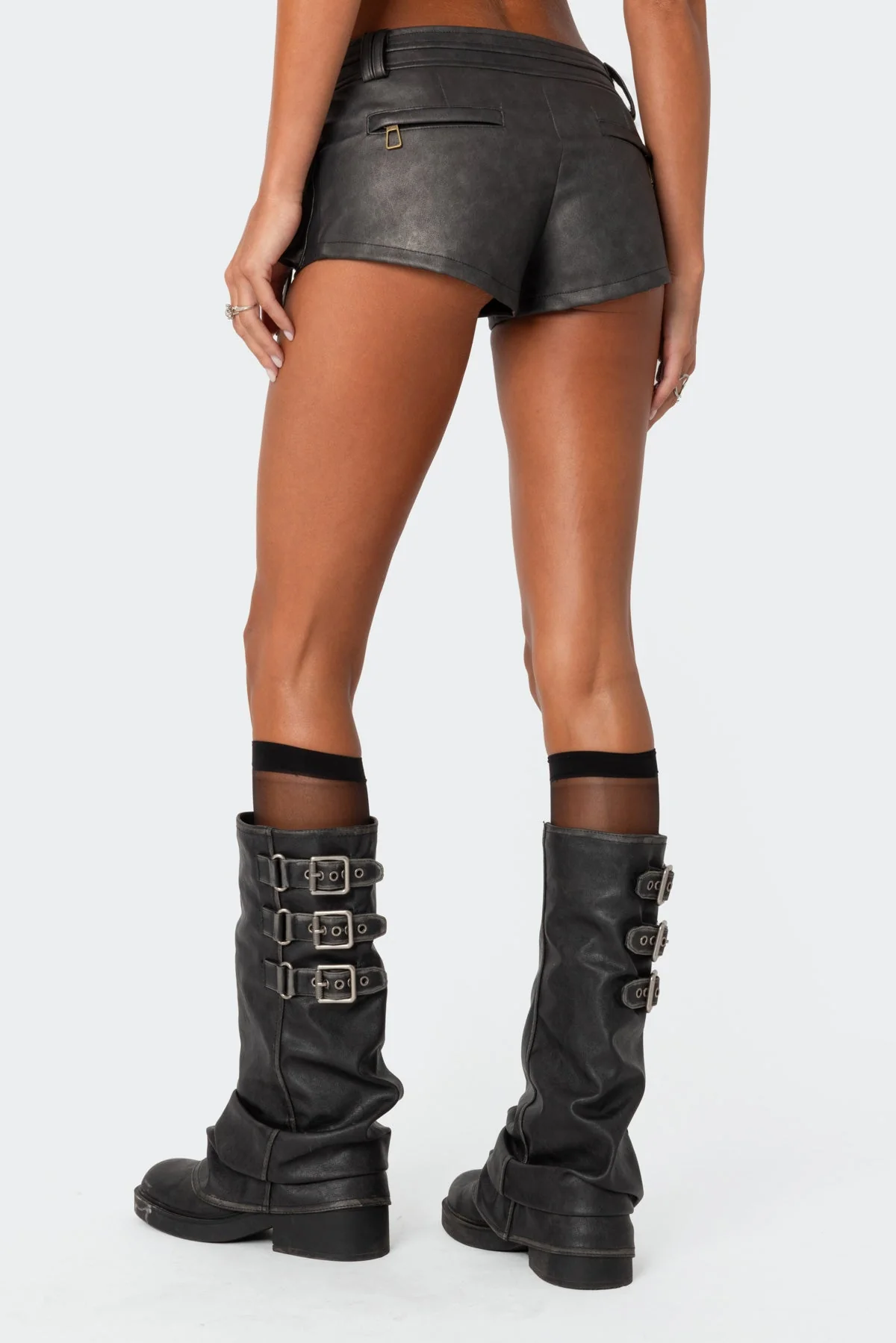 Black Washed Faux Leather Cargo Shorts