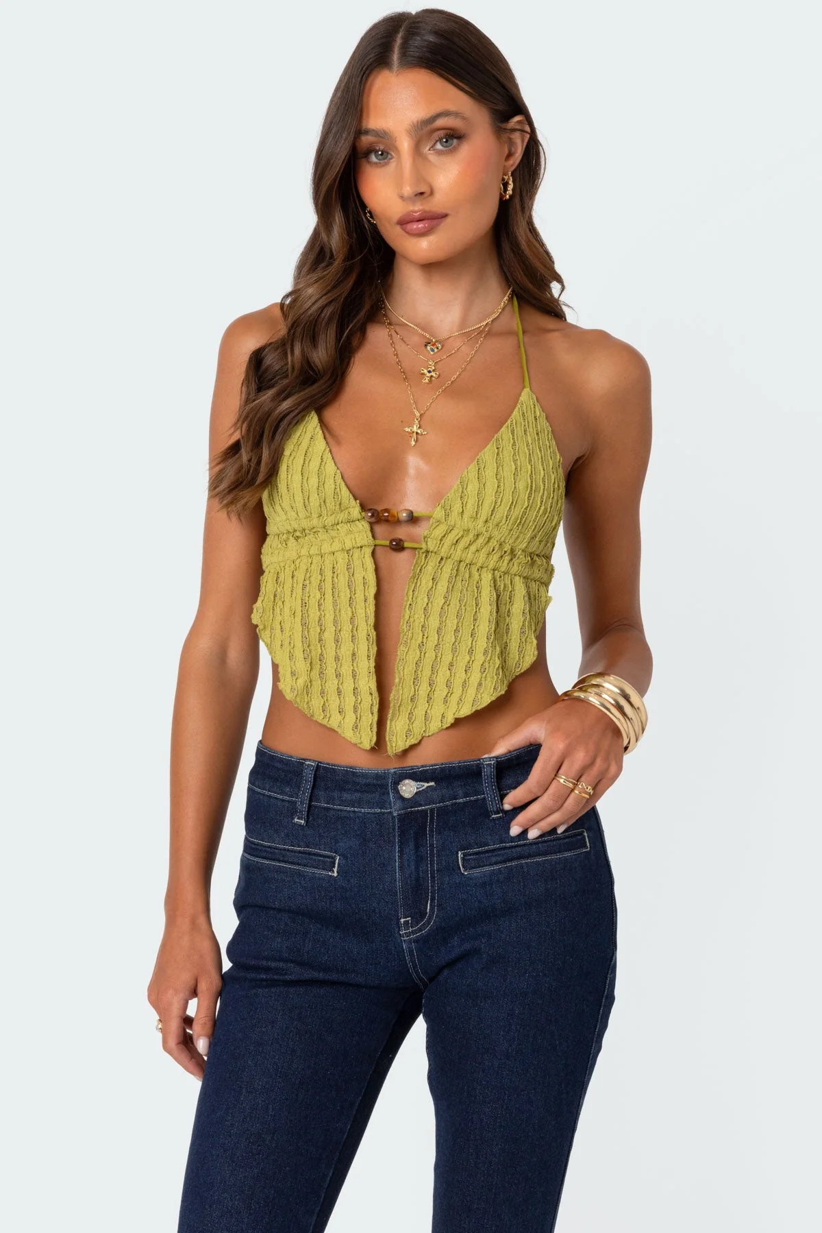 Textured Green Halter Neck Top for Women