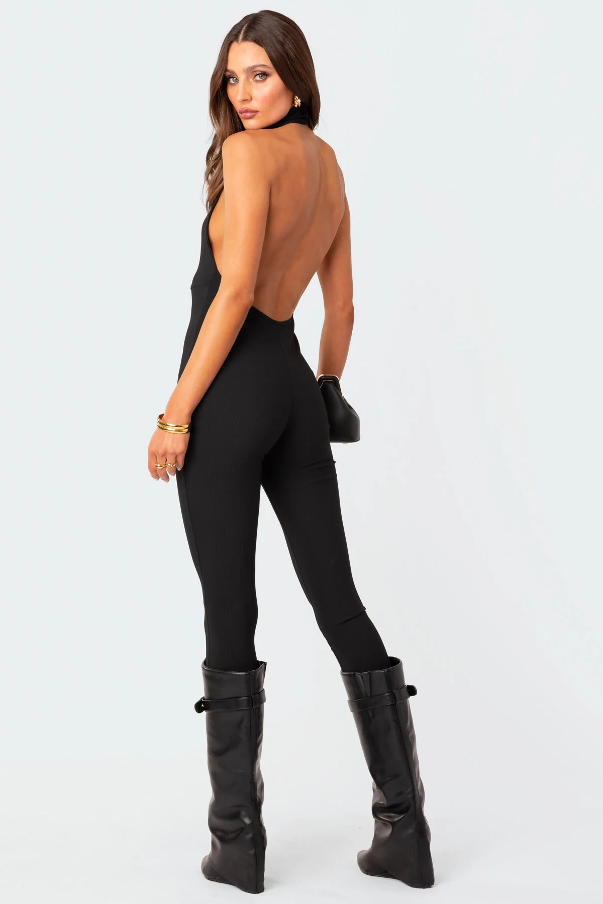 Black Ribbed Open Back Jumpsuit Womens Halter Neck Style