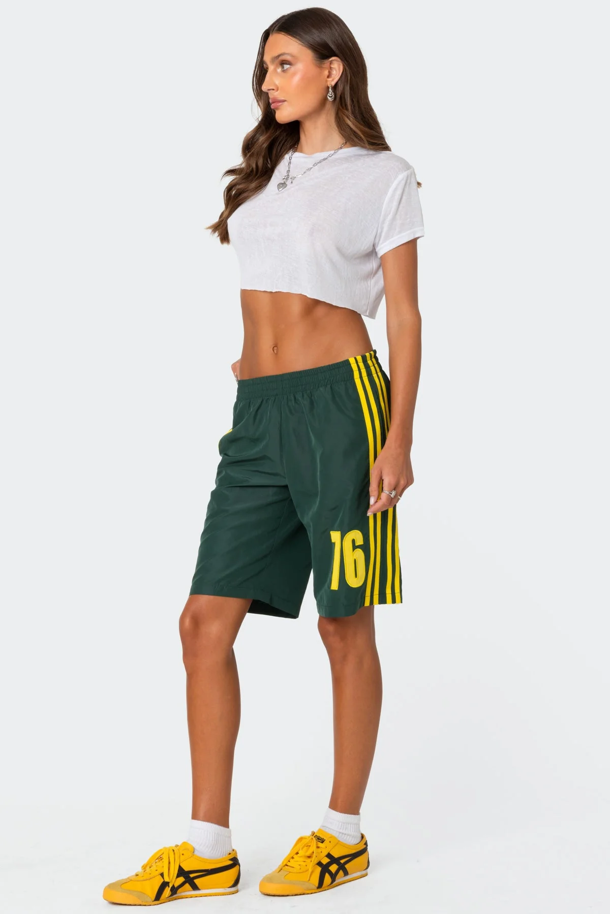 Green Nylon Bermuda Shorts Womens Elastic Waist Patch Design