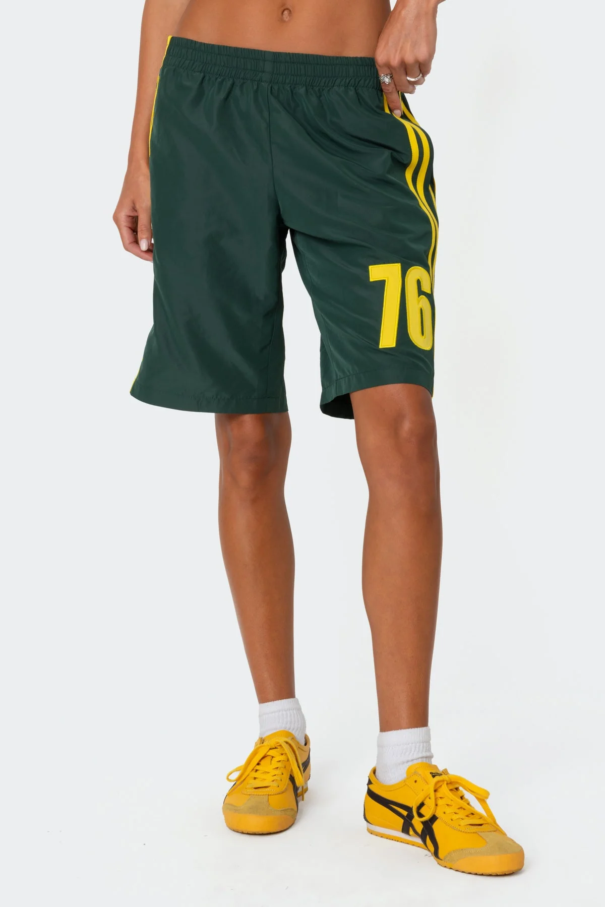 Green Nylon Bermuda Shorts Womens Elastic Waist Patch Design