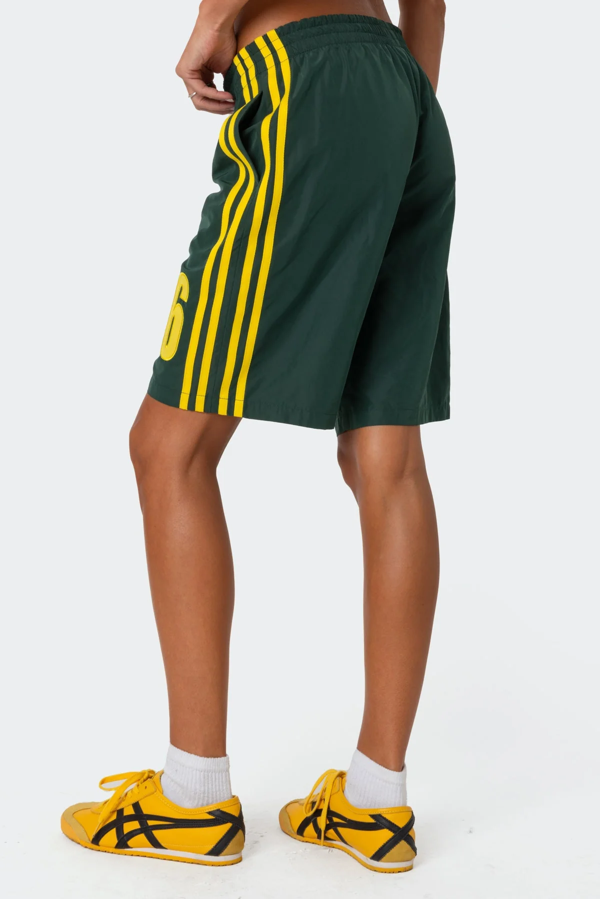 Green Nylon Bermuda Shorts Womens Elastic Waist Patch Design