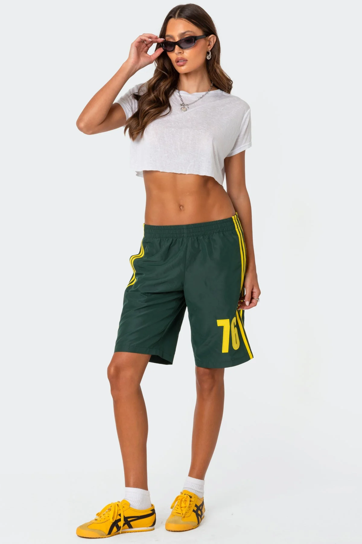 Green Nylon Bermuda Shorts Womens Elastic Waist Patch Design