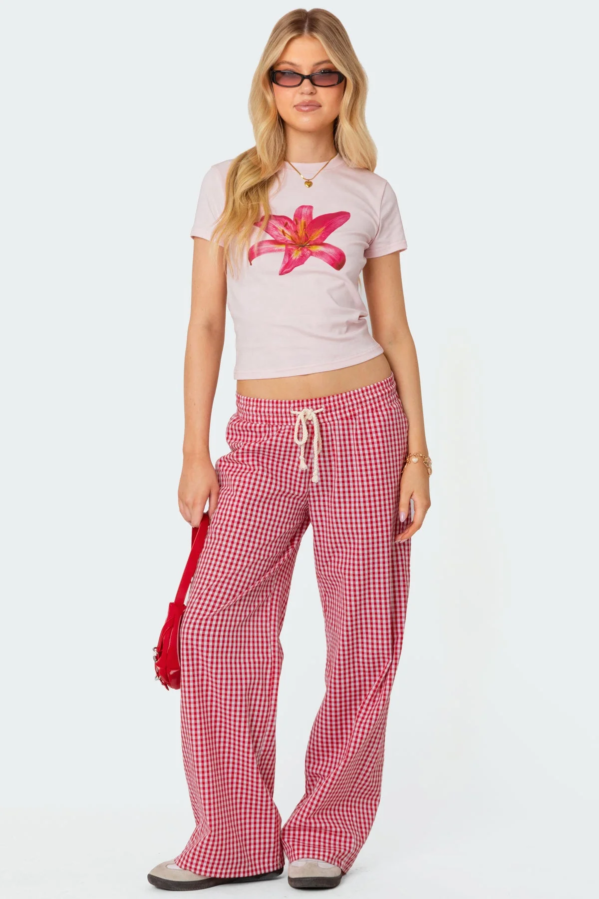 Red Gingham Elastic Waist Pants Womens Casual Wear