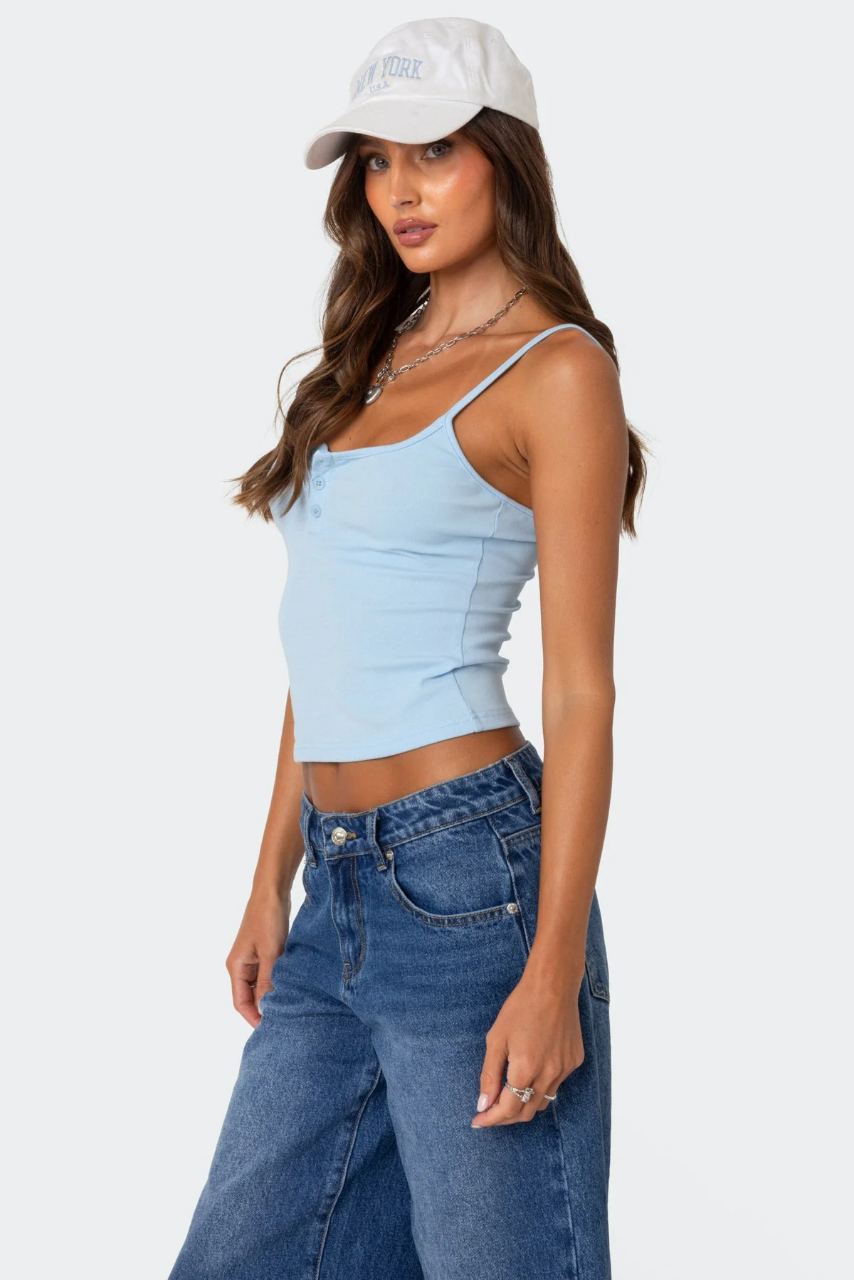 Light Blue Ribbed Henley Tank Top for Women