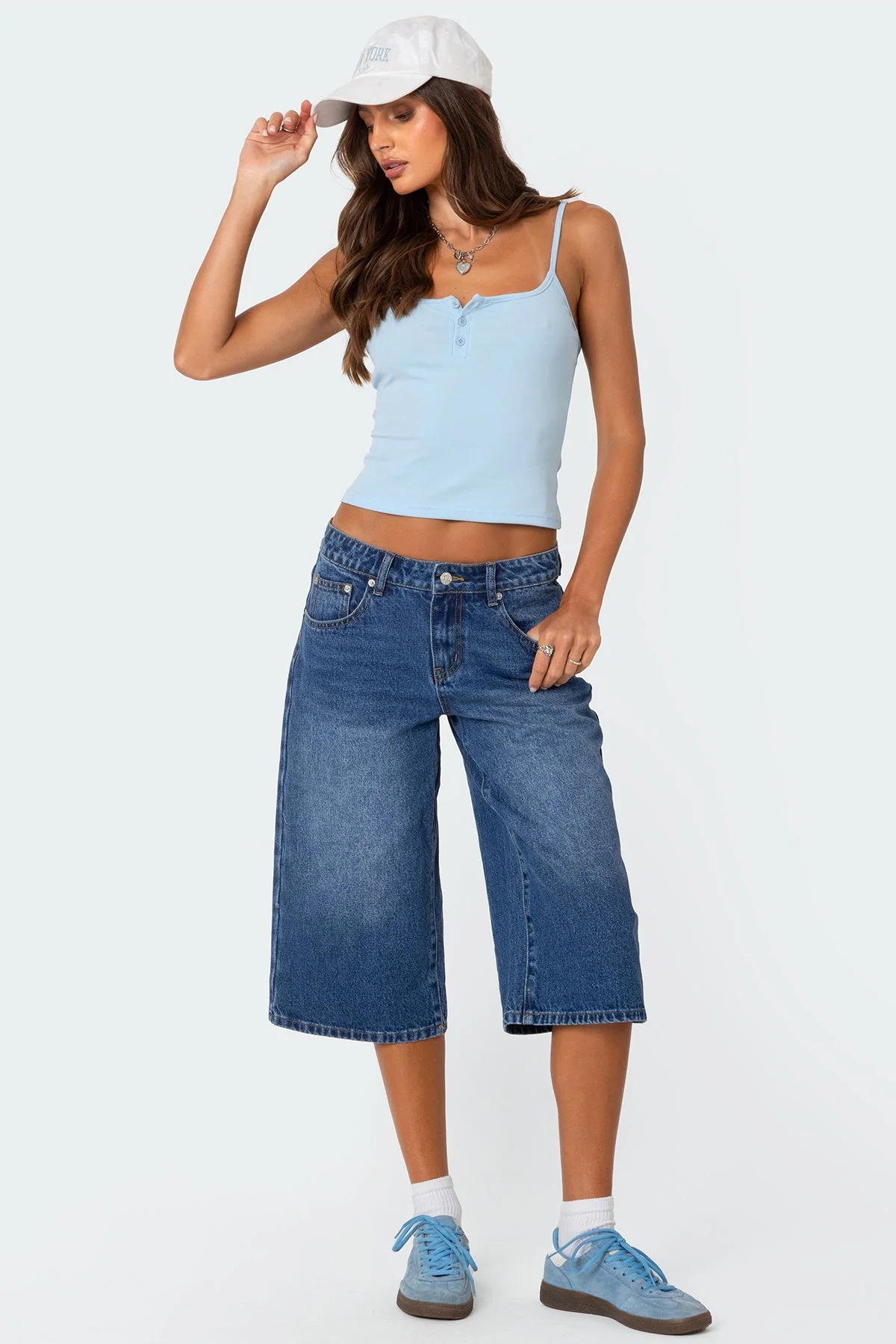 Light Blue Ribbed Henley Tank Top for Women