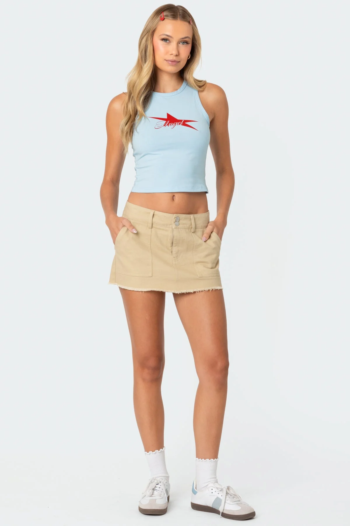 Beige Twill Mini Skirt with Yoke Ring Detail