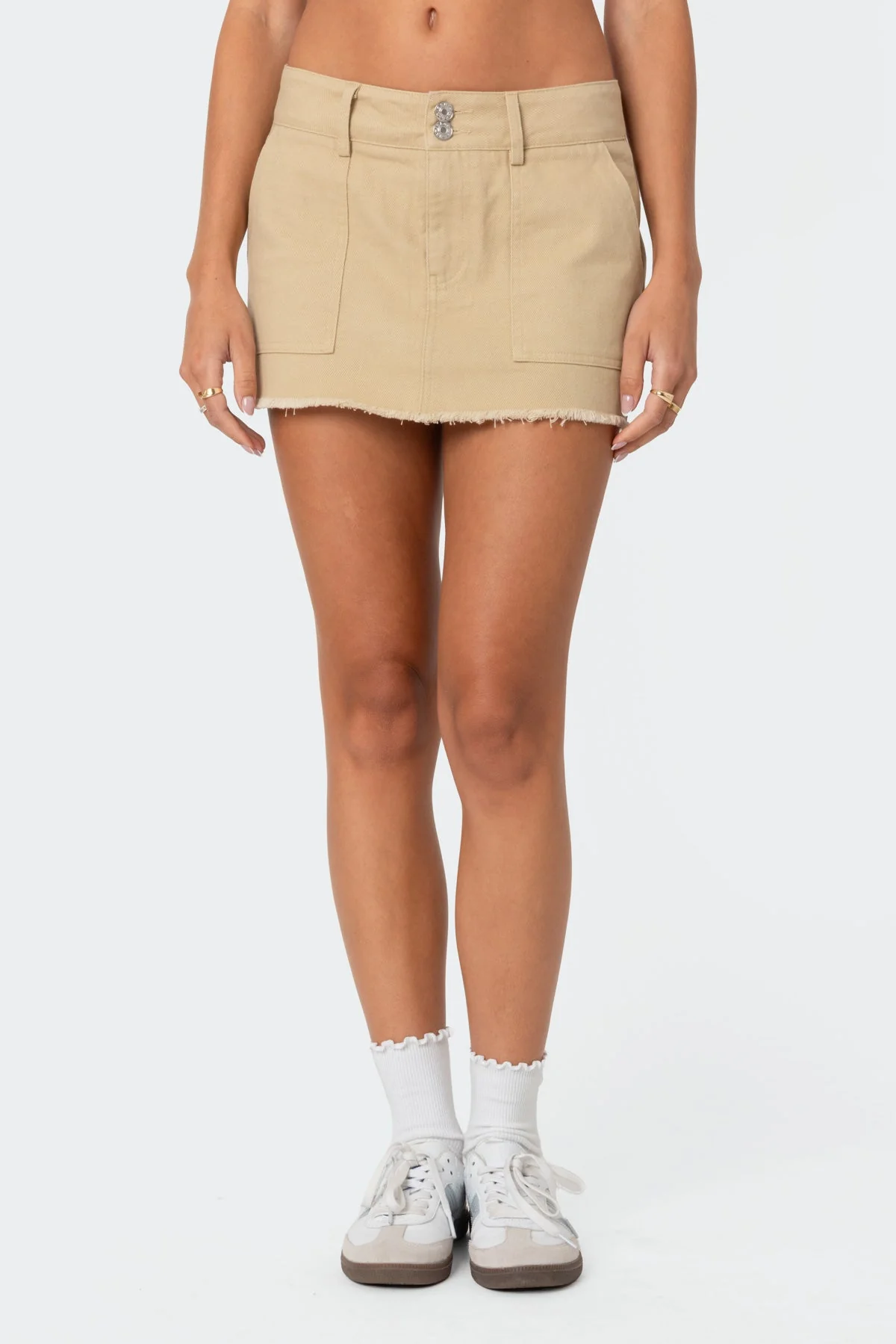 Beige Twill Mini Skirt with Yoke Ring Detail