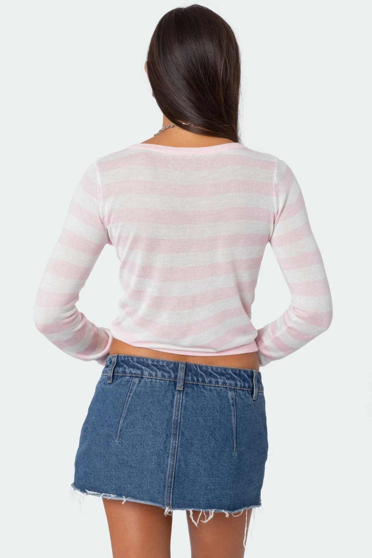 Light Pink Striped Knit Sweater - V Neck Long Sleeve Design