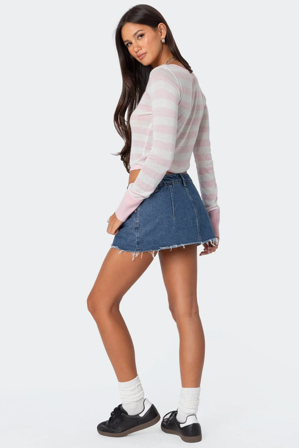 Light Pink Striped Knit Sweater - V Neck Long Sleeve Design