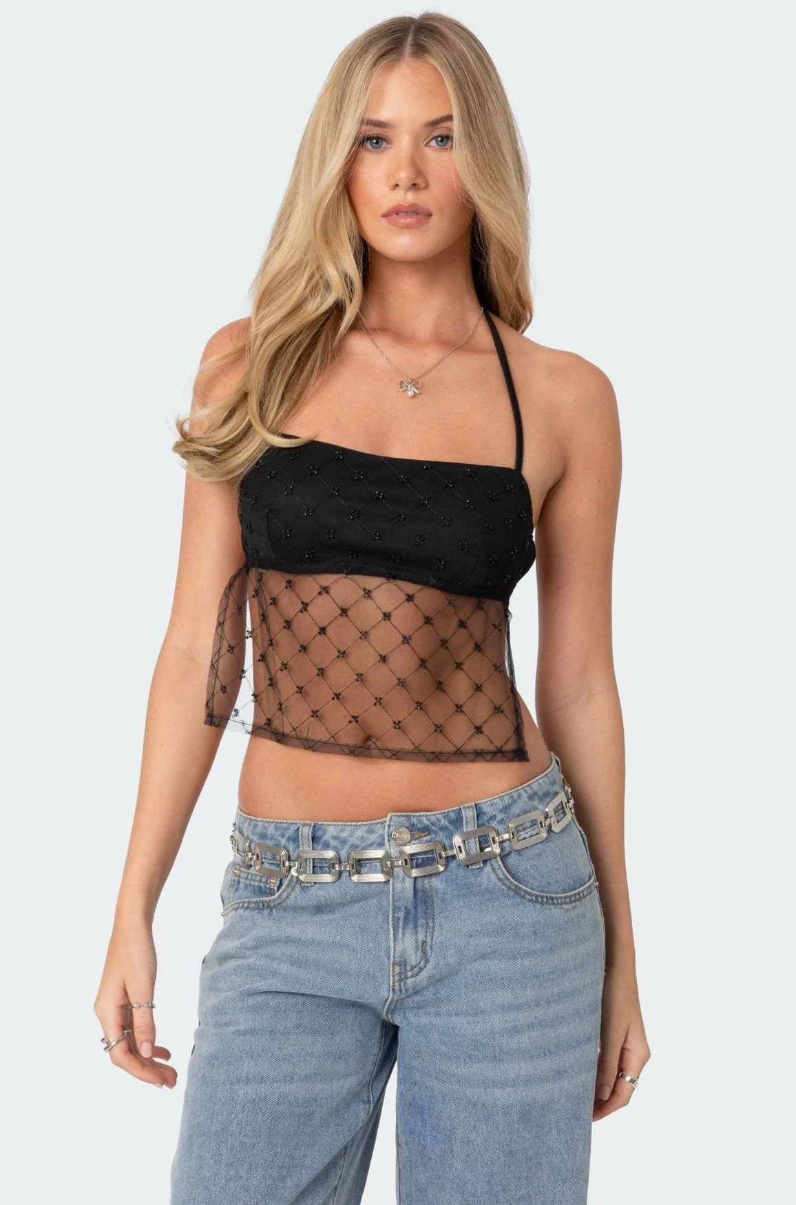 Black Sheer Sequin Halter Top