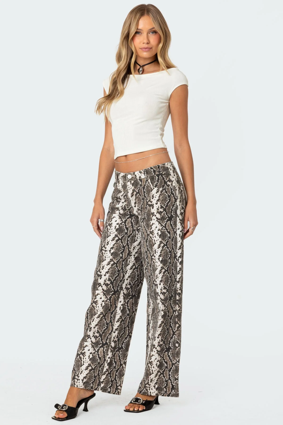 Gray Snakeskin Print Cotton Low Rise Jeans