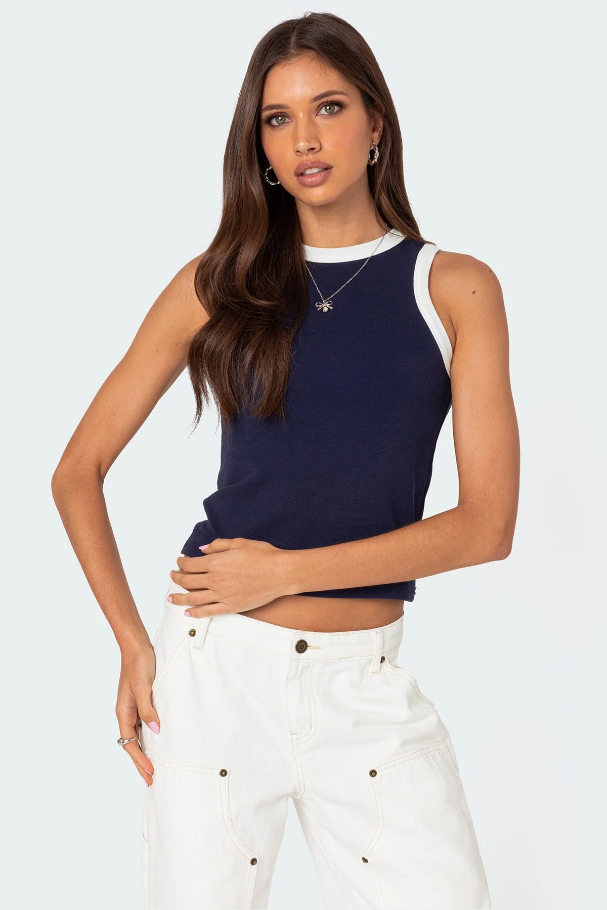 Navy Contrast Tank Top Sleeveless Shirt