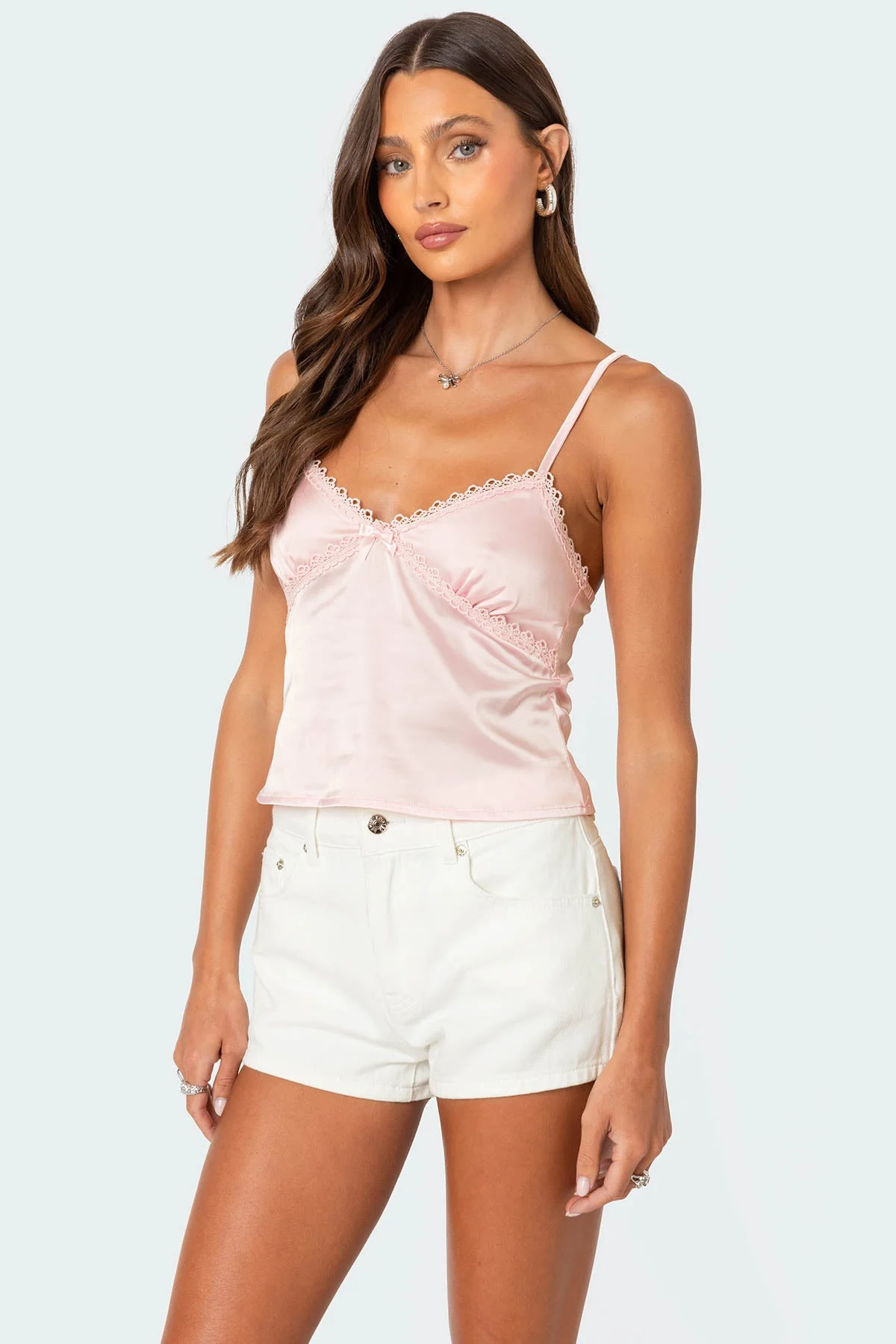 Pink Satin Lace Trim Tank Top