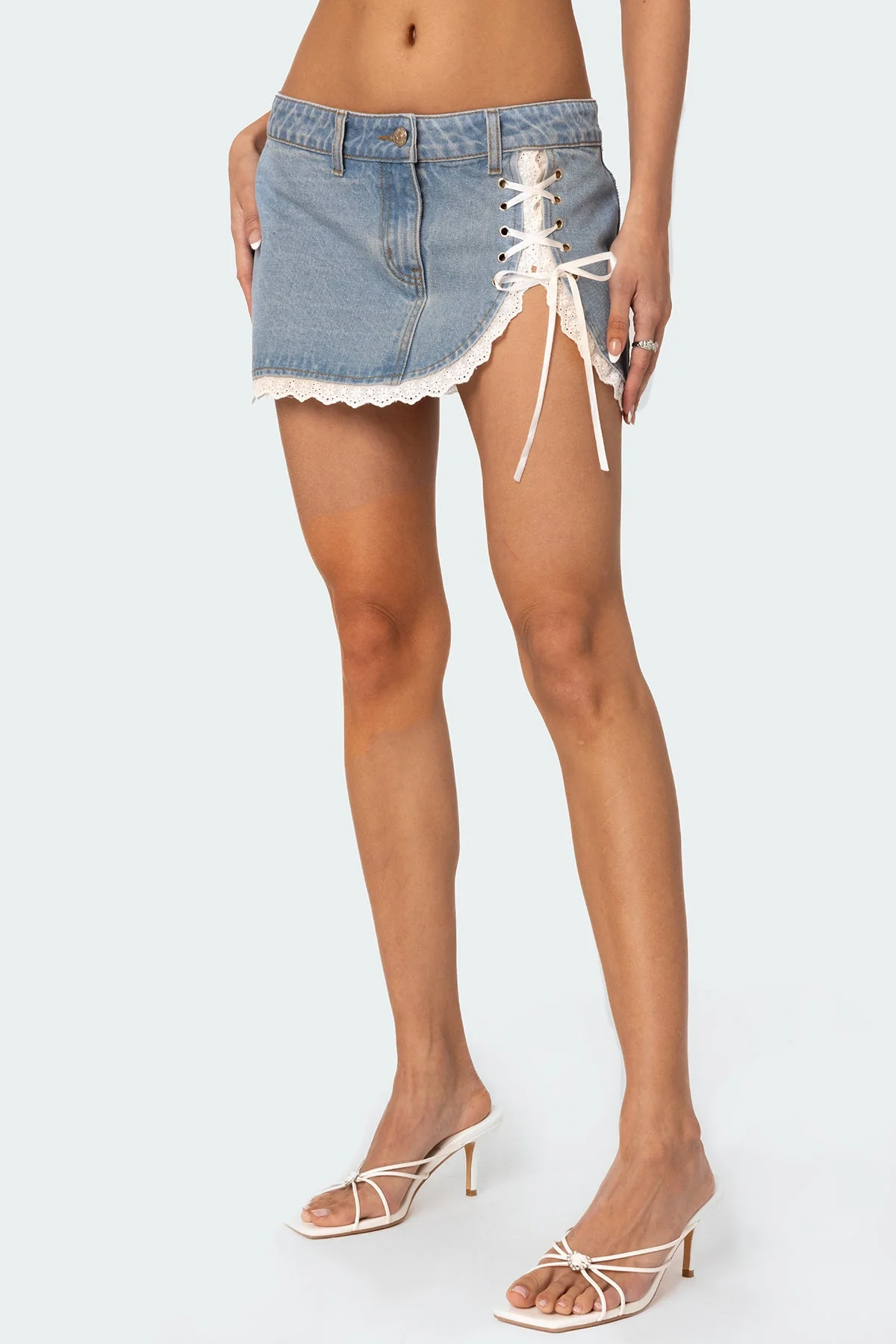 Blue Washed Denim Mini Skirt - Stylish Side Lace-Up Detail