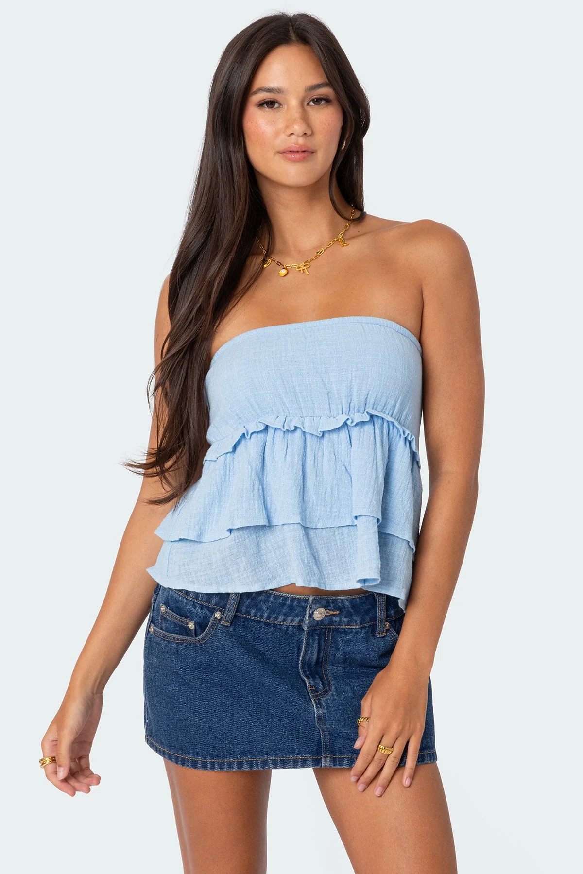 Light Blue Strapless Cotton Peplum Top - Stylish Linen Look