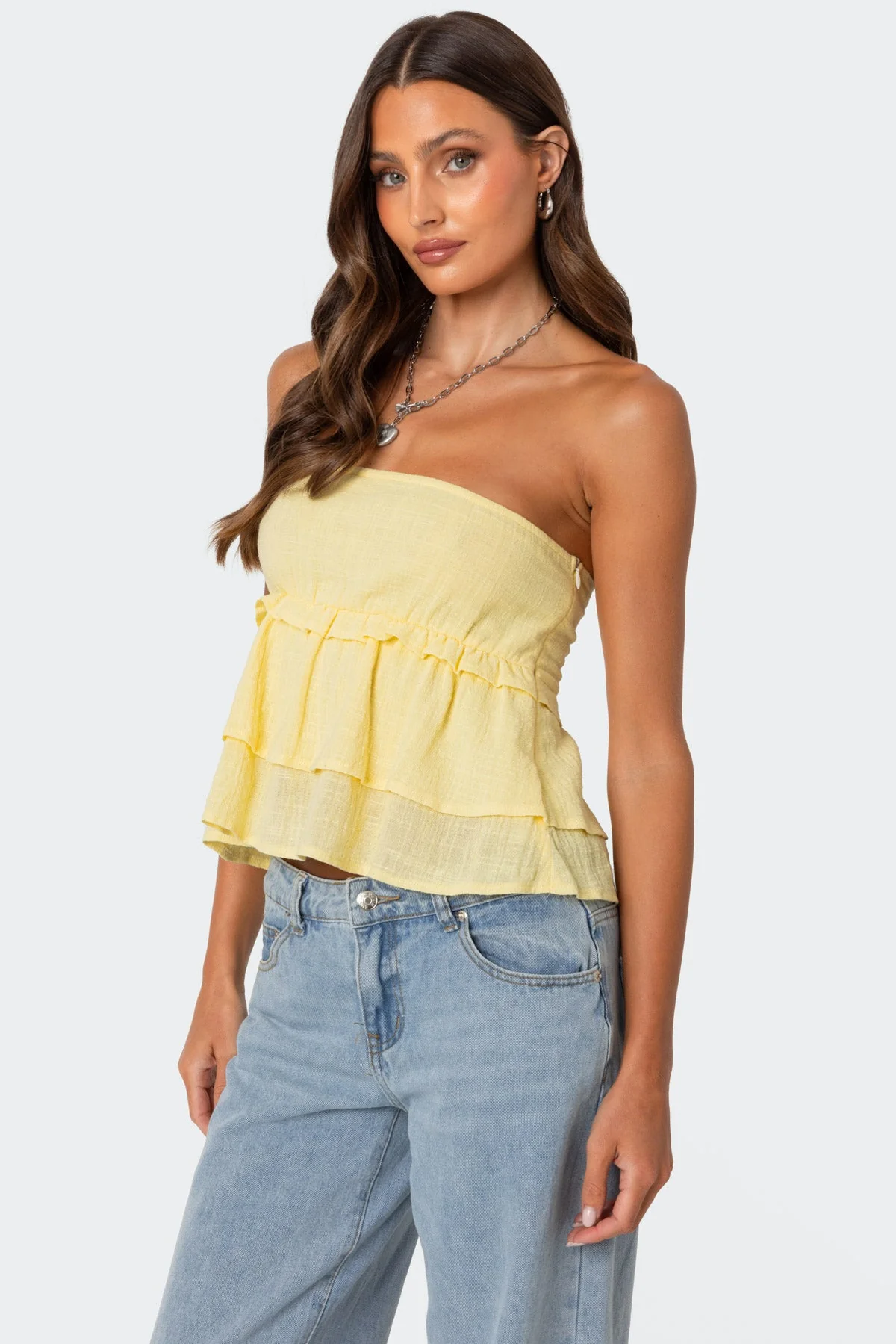 Yellow Linen Peplum Strapless Top