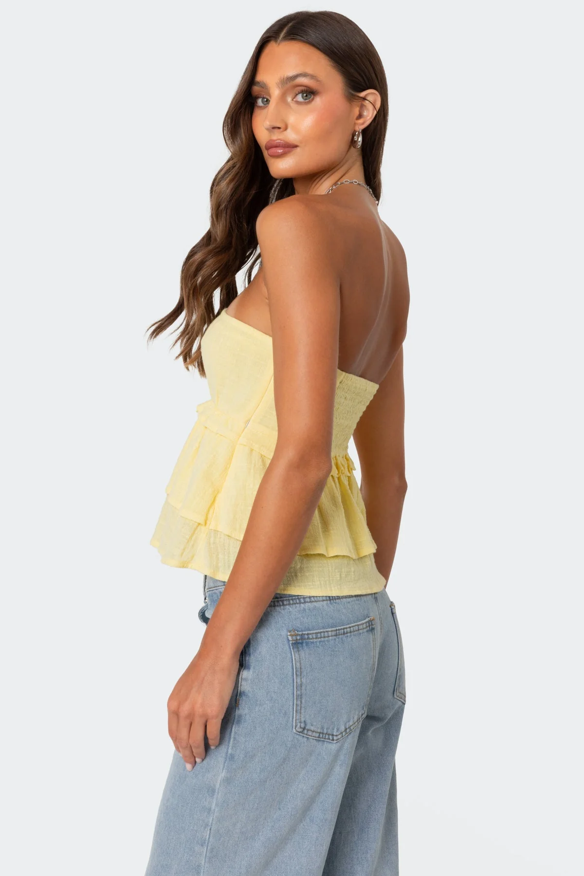 Yellow Linen Peplum Strapless Top