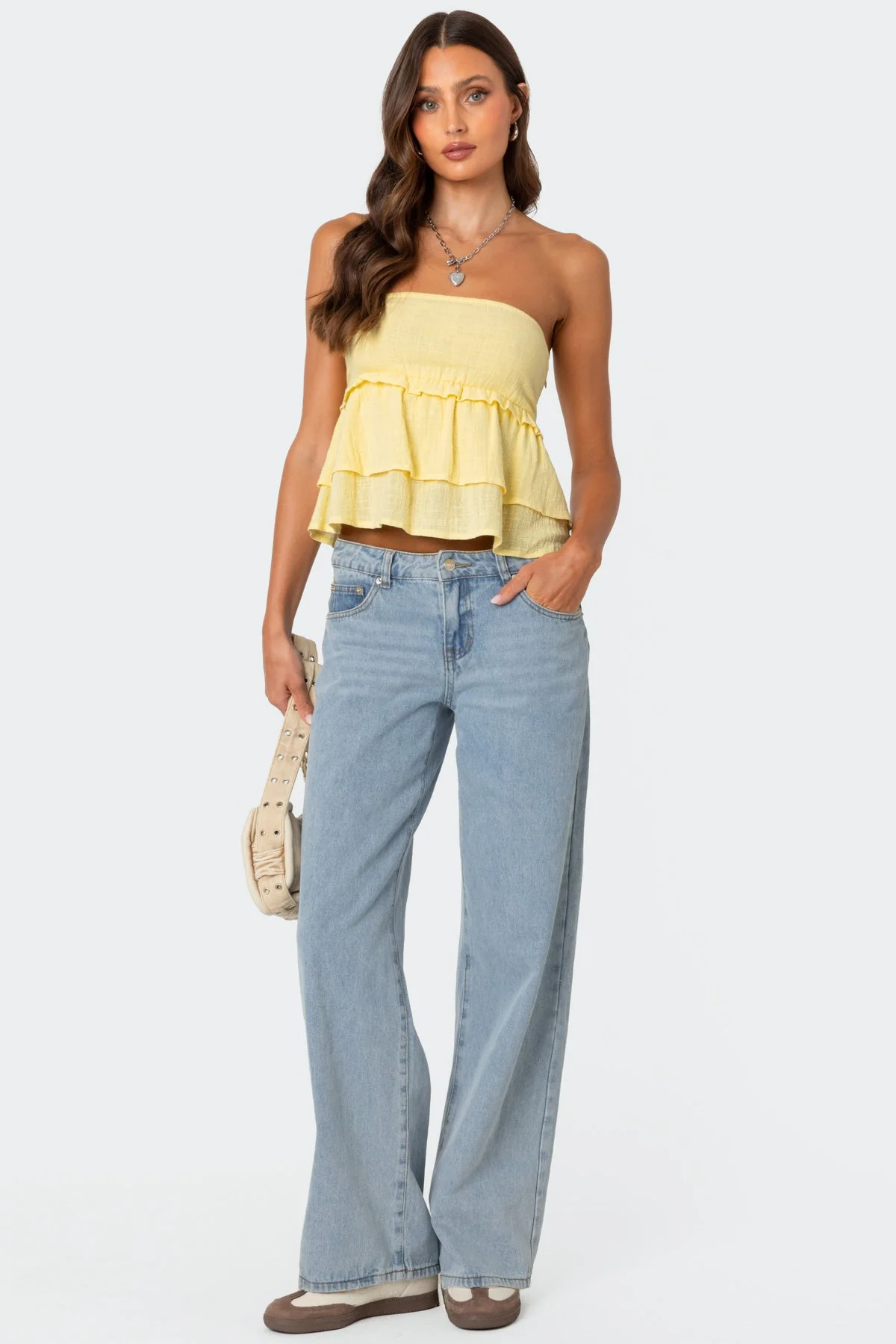 Yellow Linen Peplum Strapless Top