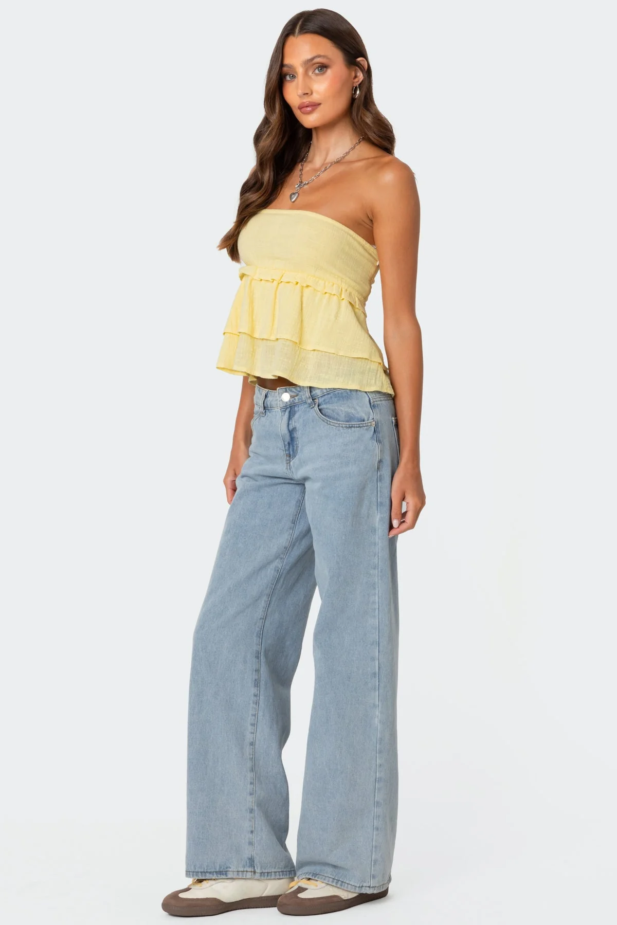 Yellow Linen Peplum Strapless Top