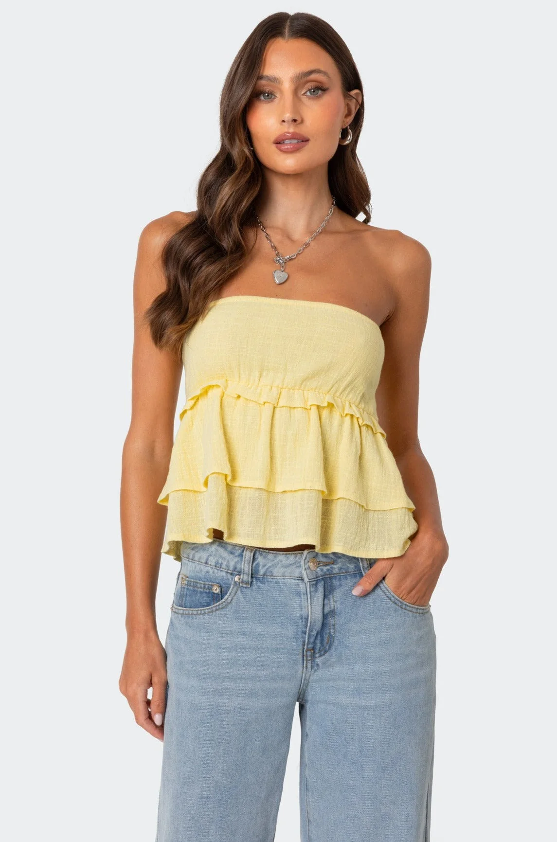 Yellow Linen Peplum Strapless Top