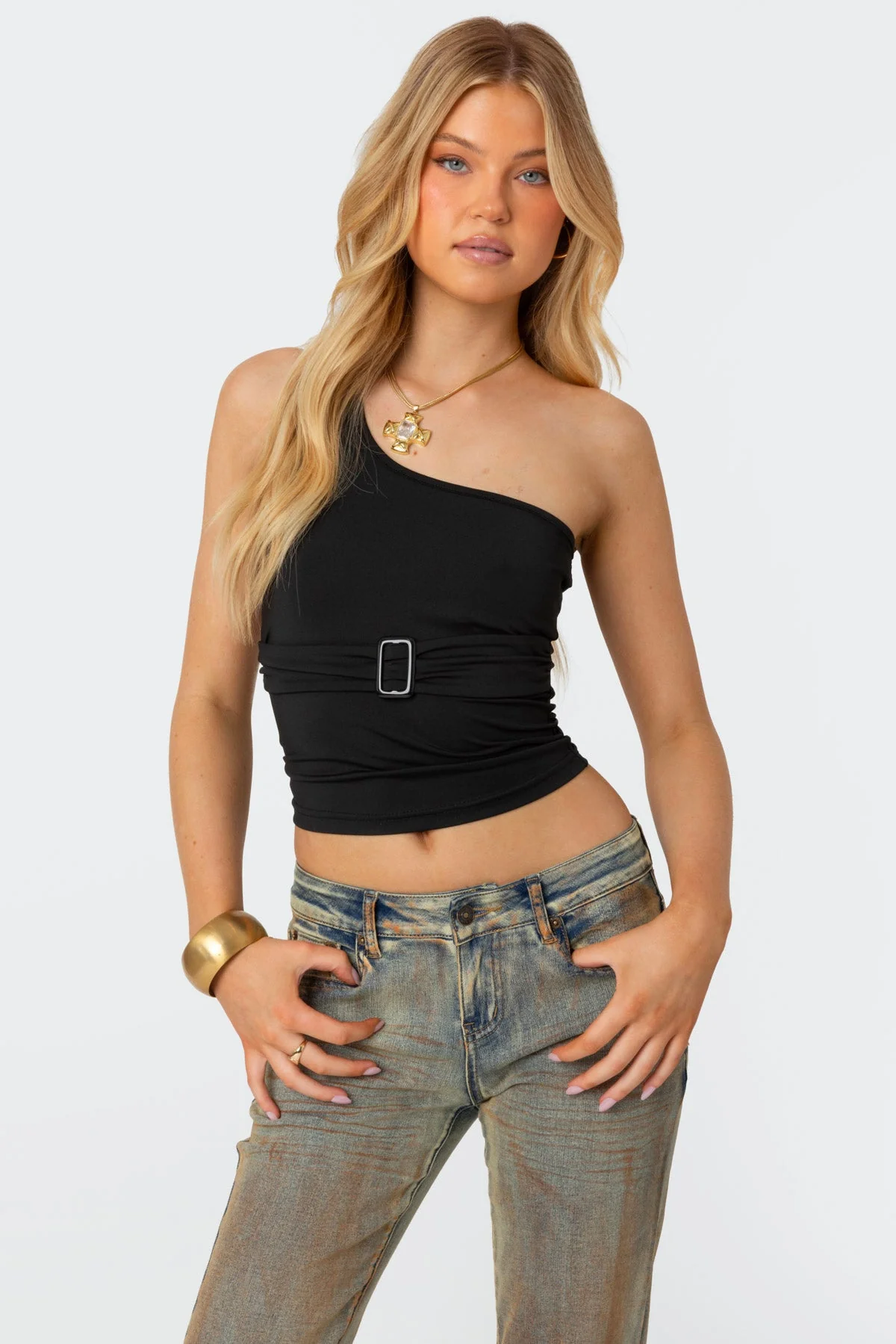 Black One Shoulder Top with Belted Design